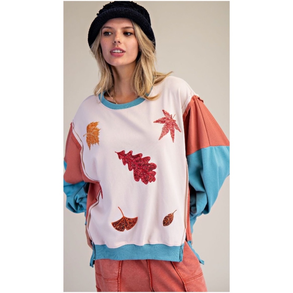 Easel Color Block Leaves Sequin French Terry Pullover Sweatshirt
